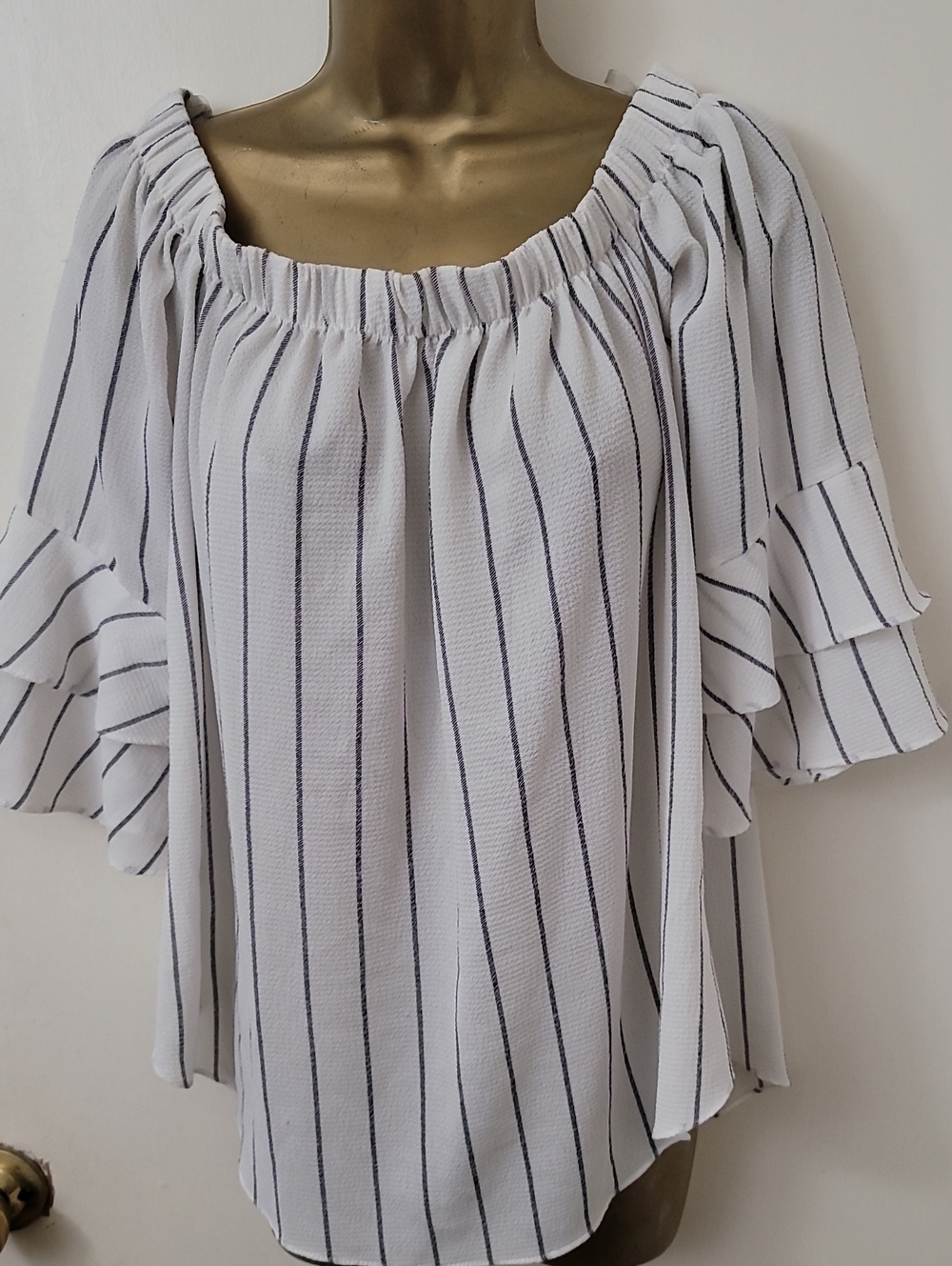 Moa Moa White Vertical Black-Striped Off-Shoulder Blouse